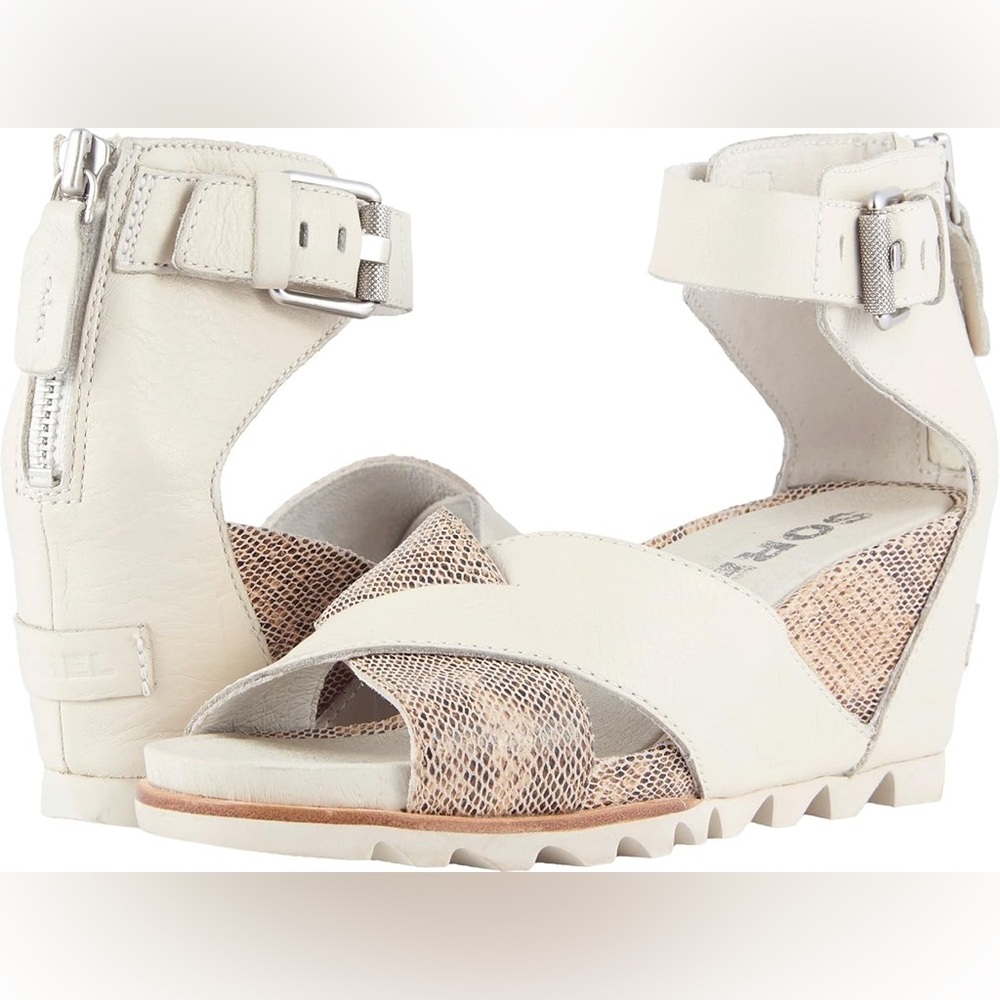 Sorel Joanie Ankle Strap Wedge Sandal Leather Bone/Snake Print Size 10.5